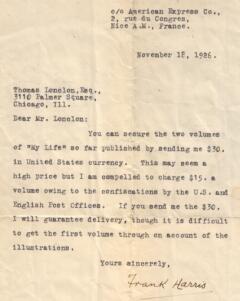 Letter from Frank Harris: